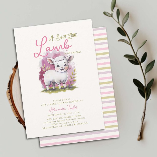 Sweet Little Lamb Whimsical Pink Girl Baby Shower Invitation (happy sweet little lamb girl baby shower invitation whimsical cute watercolor illustration pink)