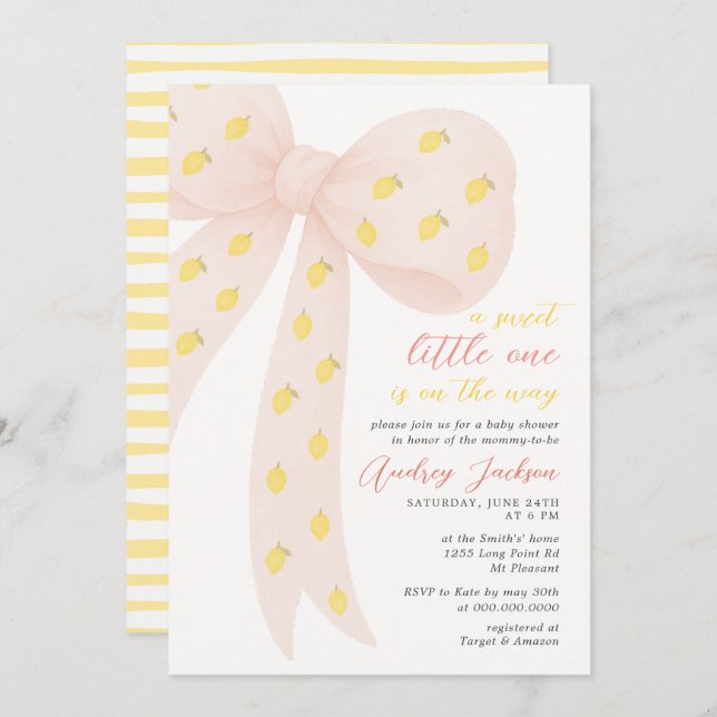 Sweet Little Lemon Pink Coquette Bow Baby Shower Invitation (Front/Back)