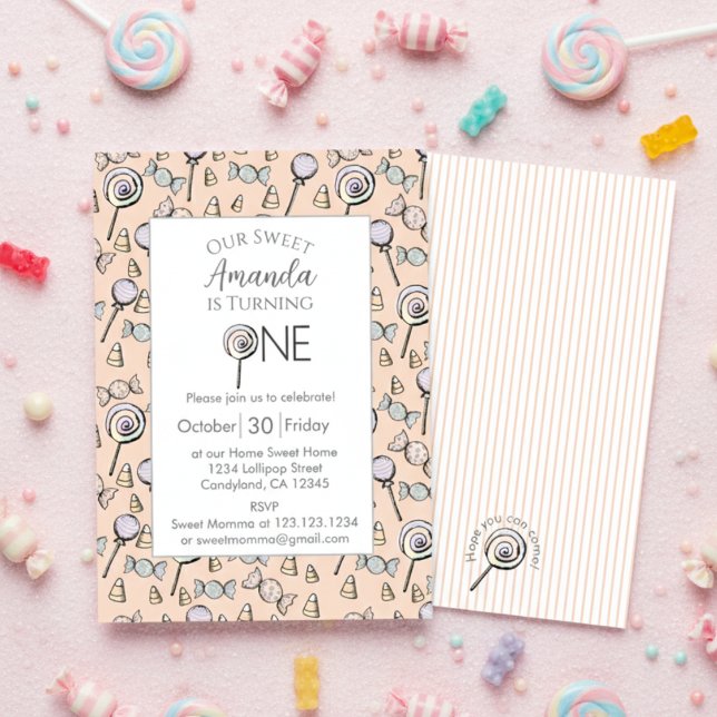 Sweet Little One Candy Theme 1st Birthday Invitation (Orange 1st Birthday Invitation Card for Baby Girl. Sweet One Candy Theme with Colorful Lollipop.)