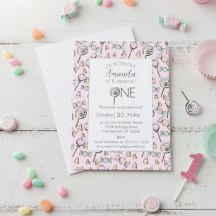 Sweet Little One Candy Theme 1st Birthday Invitation