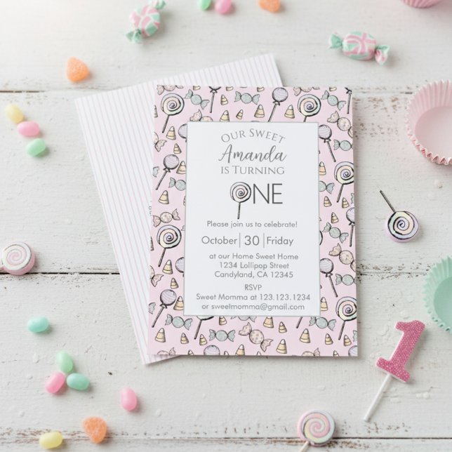Sweet Little One Candy Theme 1st Birthday Invitation (Cute Pink 1st Birthday Invitation Card for Baby Girl. Sweet One Candy Theme with Colorful Lollipop)