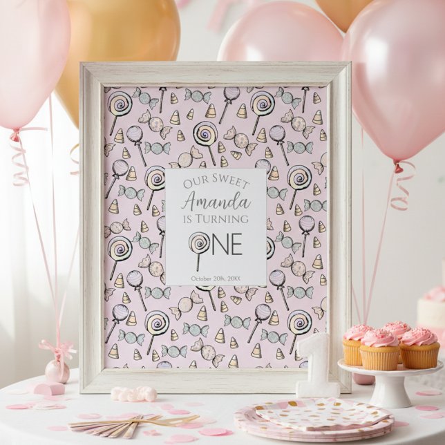 Sweet Little One Candy Theme First Birthday Poster (Cute Pink Little One 1st Birthday Party Posters for Kids. Girly Candy & Lollipops Pattern for Her)