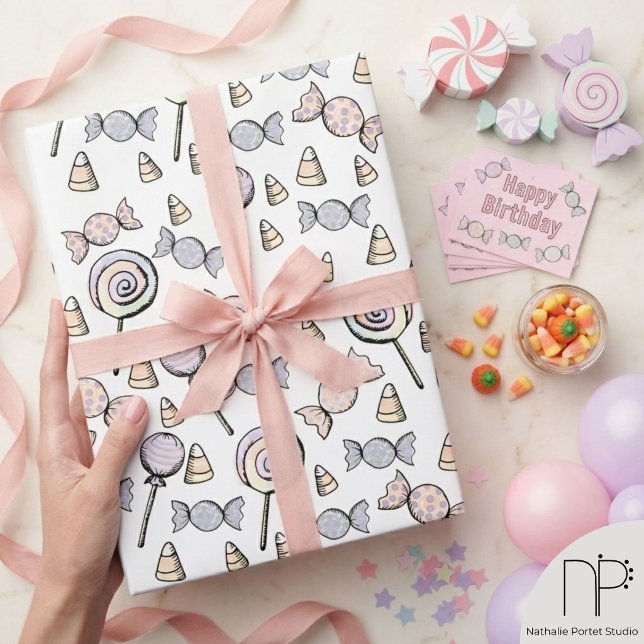 Sweet Little One Candy Theme Wrapping Paper (Hand-drawn ink lollipop candy corn pastel wrapping paper for baby shower birthday gift custom wrap)