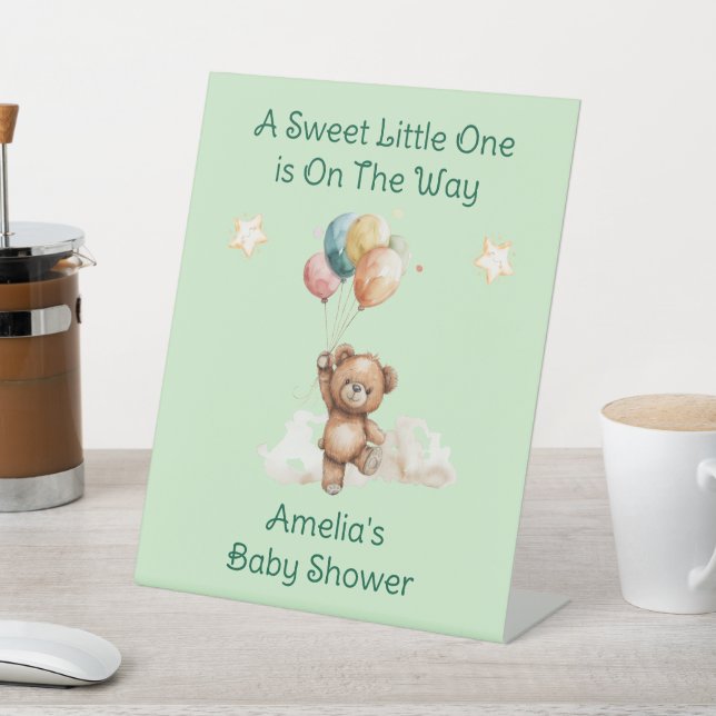 Sweet Little One on the Way Green Baby Shower Pedestal Sign (In SItu)