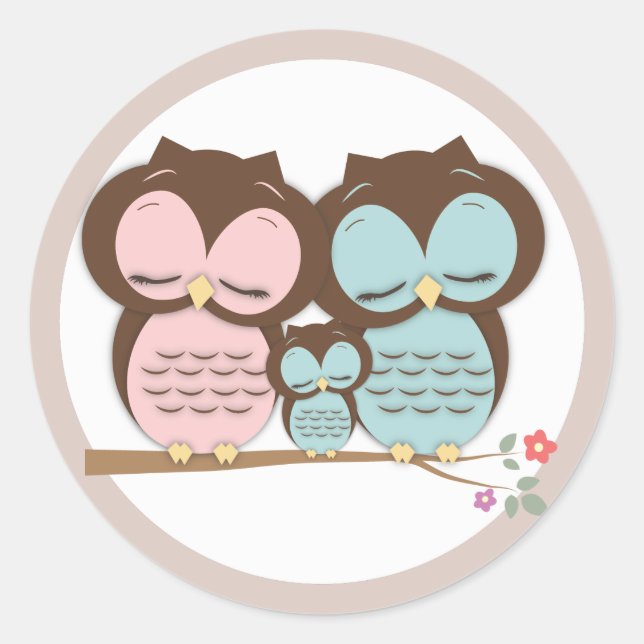 Sweet Little Owl Family on a Branch Classic Round Sticker (Front)