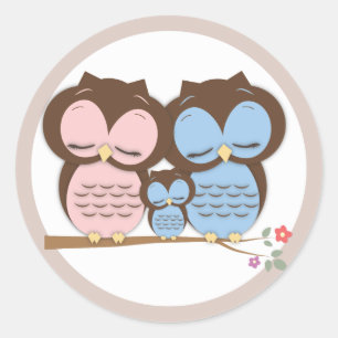 Sweet Little Owl Family on a Branch Classic Round Sticker