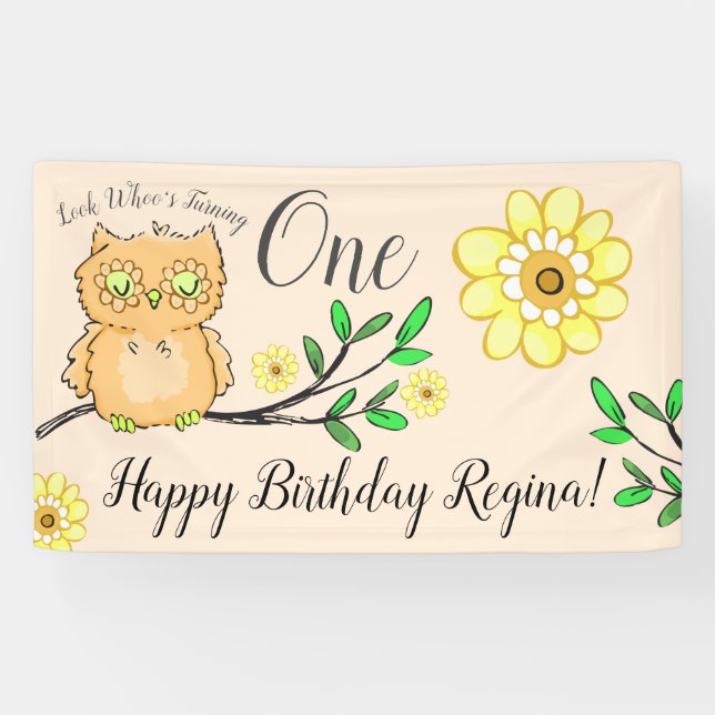 Sweet Little Owl Girly Forest 1st Birthday Banner (Horizontal)