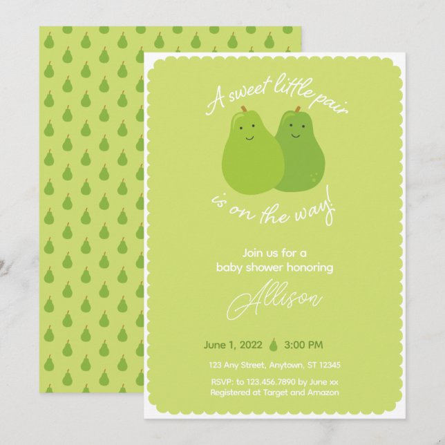 Sweet Little Pair Pear Themed Twins Baby Shower Invitation (Front/Back)