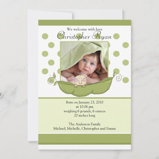 Sweet Little Pea Baby Photo Announcement Card (Front)