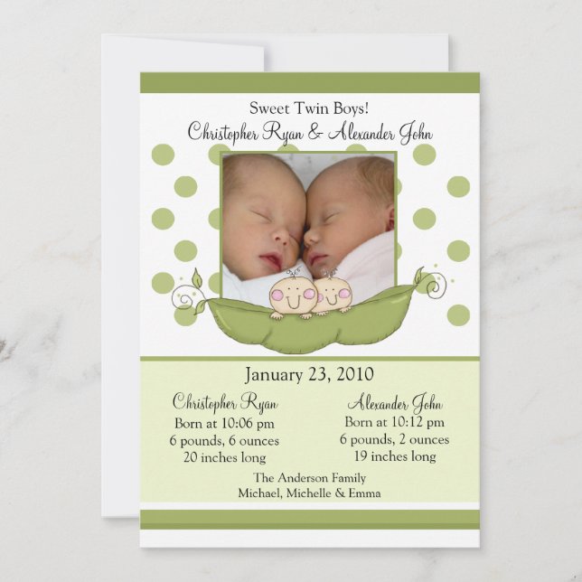 Sweet Little Pea Twin Boys Photo Announcement Card (Front)