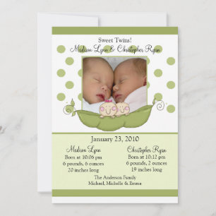 Sweet Little Pea Twins Photo Announcement Card