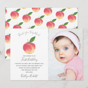 Sweet Little Peach 1st Birthday Photo Thank You Card