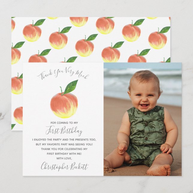 Sweet Little Peach 1st Birthday Photo Thank You Card (Front/Back)