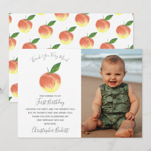 Sweet Little Peach 1st Birthday Photo Thank You Card