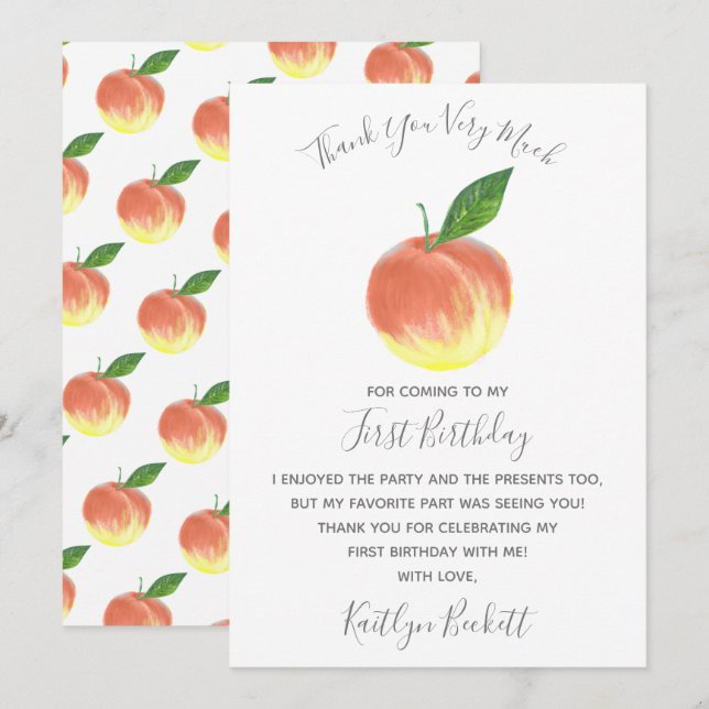 Sweet Little Peach 1st Birthday Thank You Card (Front/Back)