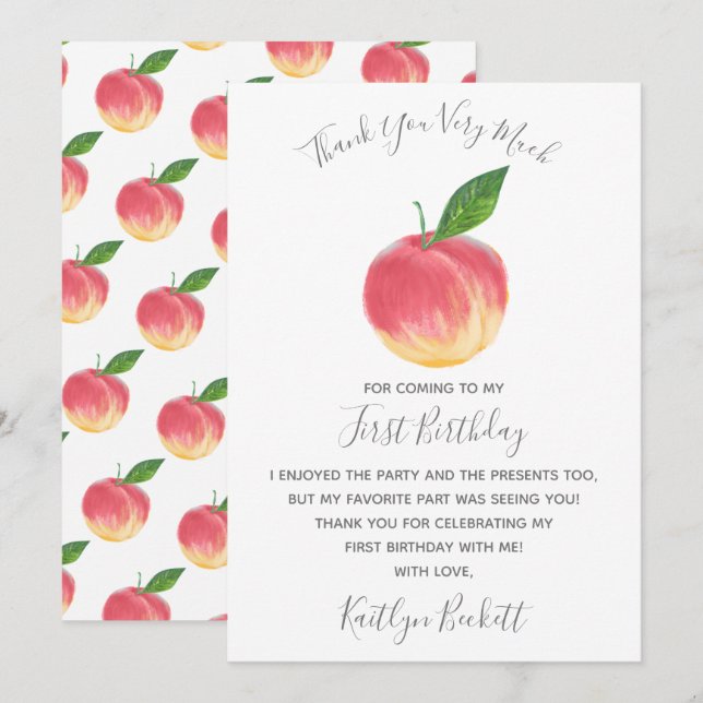 Sweet Little Peach 1st Birthday Thank You Card (Front/Back)