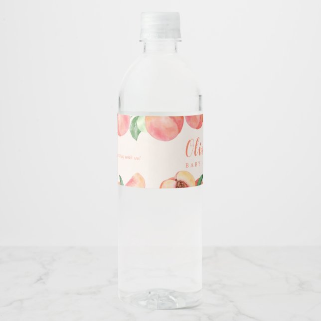 Sweet Little Peach Baby Shower Favour Water Bottle Label (Front)