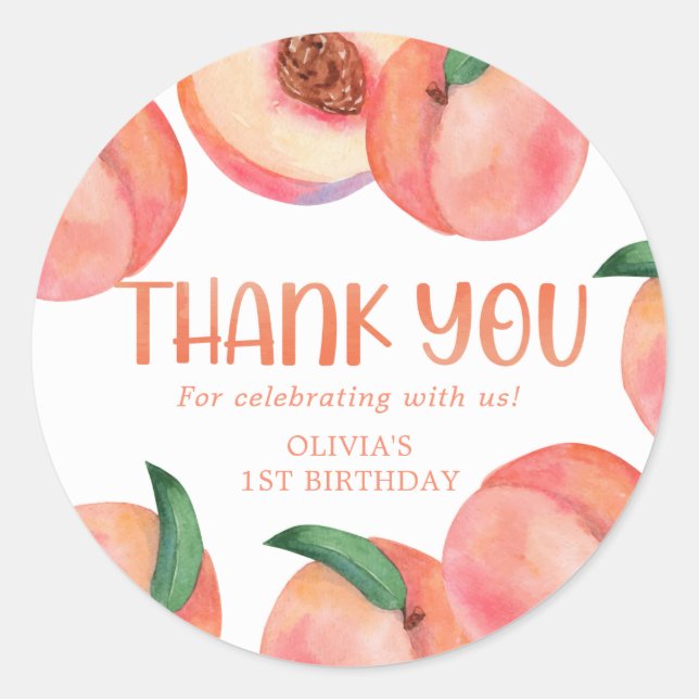 Sweet Little Peach Birthday Thank you Classic Round Sticker (Front)