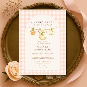 Sweet Little Peach Clothesline Gingham Baby Shower Invitation