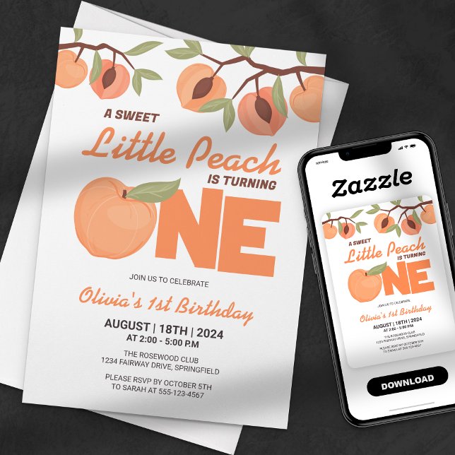 Sweet Little Peach First Birthday Party Invitation (Creator Uploaded)
