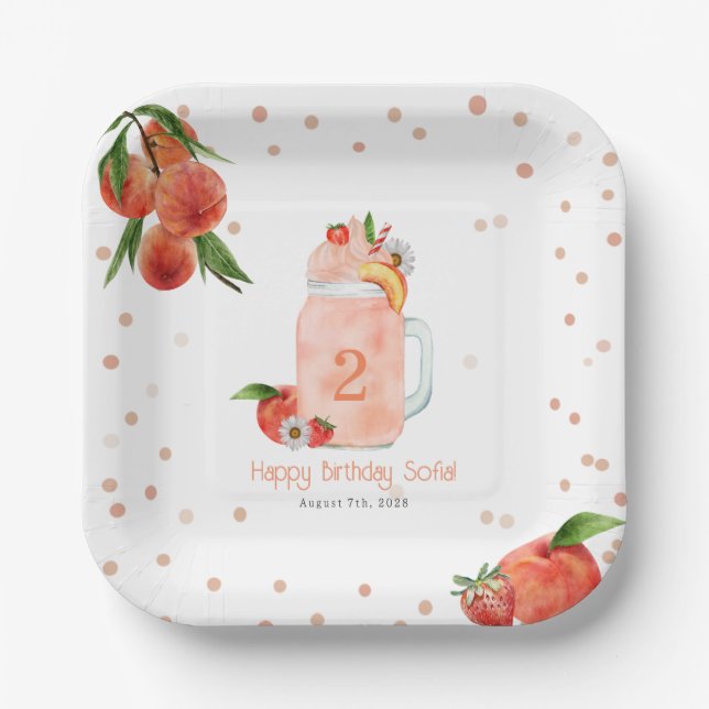 Sweet Little Peach Smoothie 2nd Birthday Party Paper Plate (Front)