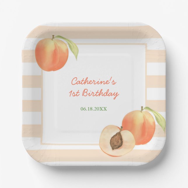 Sweet Little Peach Stripes Girl Birthday Paper Plate (Front)