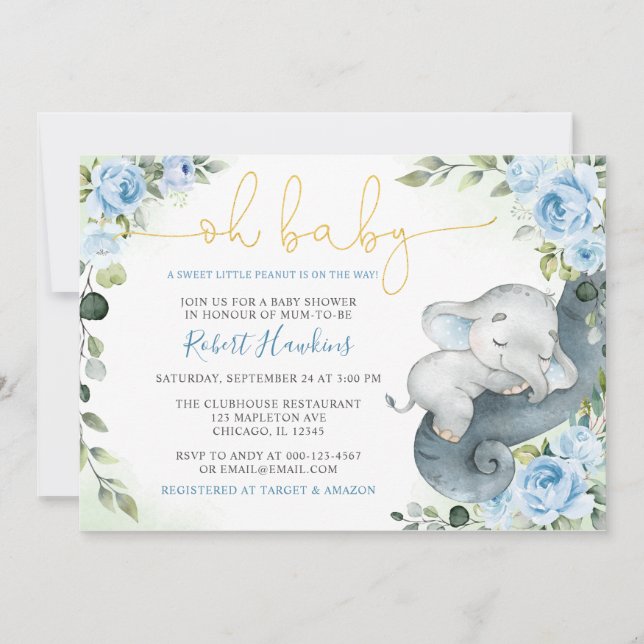 Sweet Little Peanut Boy Elephant Baby Shower Invitation (Front)