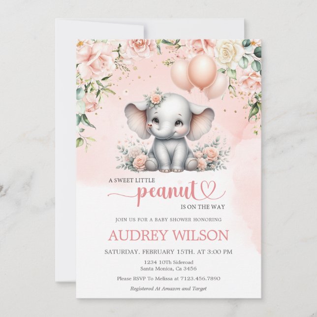 Sweet Little Peanut Elephant Baby Girl Baby Shower Invitation (Front)