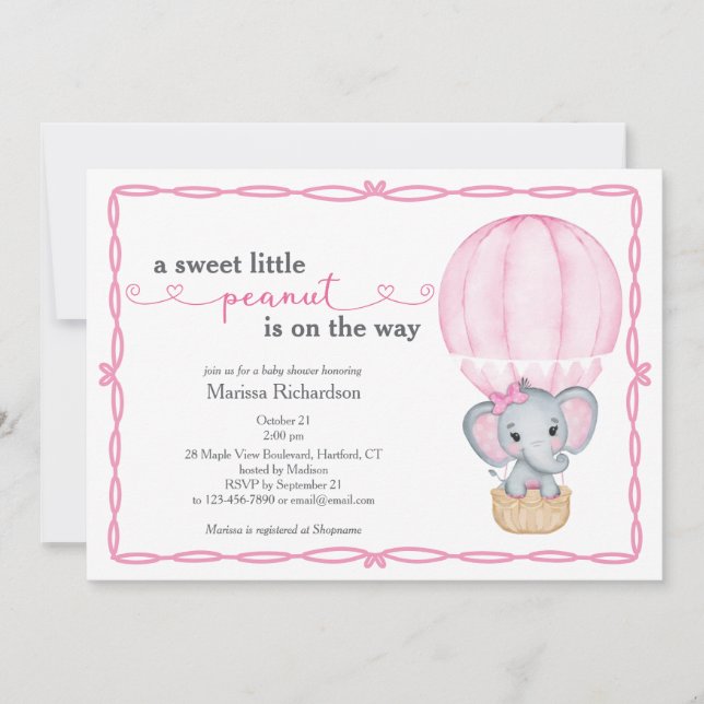 Sweet Little Peanut Elephant Baby Girl Shower Invitation (Front)