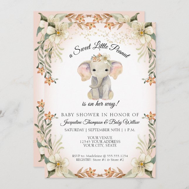 Sweet Little Peanut Elephant Floral Baby Shower Invitation (Front/Back)