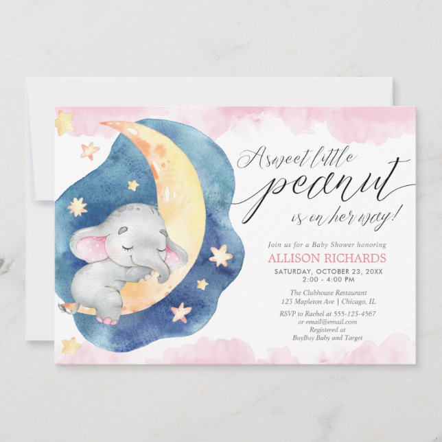 Sweet little peanut elephant moon girl baby shower invitation (Front)