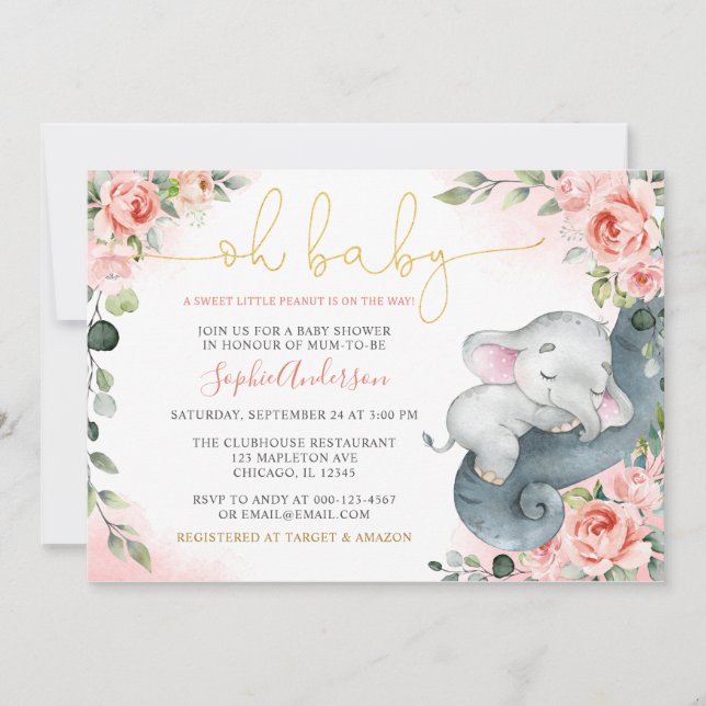 Sweet Little Peanut Girl Elephant Baby Shower Invi Invitation (Front)