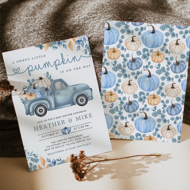 Sweet Little Pumpkin Blue Autumn Baby Shower Invitation (Creator Uploaded)