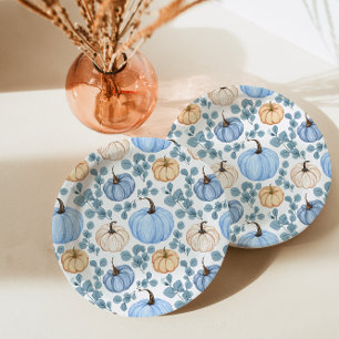Sweet Little Pumpkin Blue Autumn Baby Shower Paper Plate