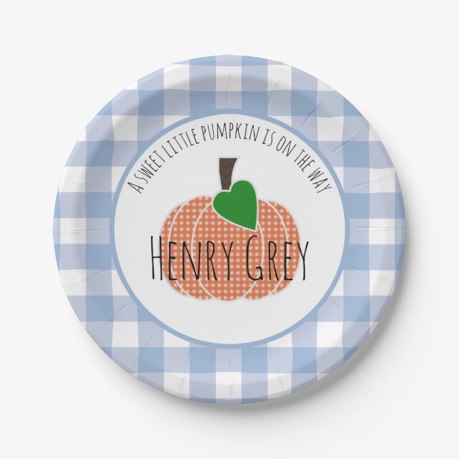 Sweet Little Pumpkin Blue Plaid Baby Shower Boy Paper Plate (Front)