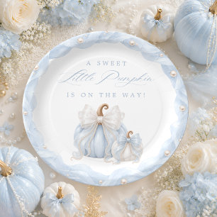Sweet Little Pumpkin Bow Blue Baby Shower Paper Plate