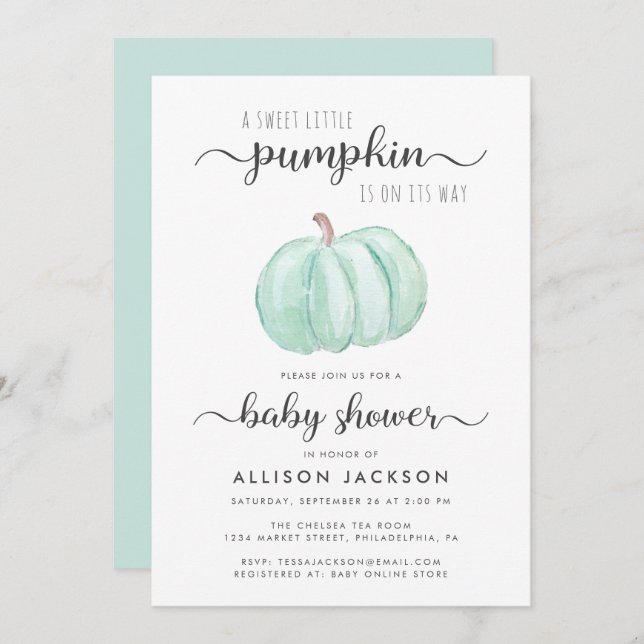 Sweet Little Pumpkin Mint Watercolor Baby Shower Invitation (Front/Back)