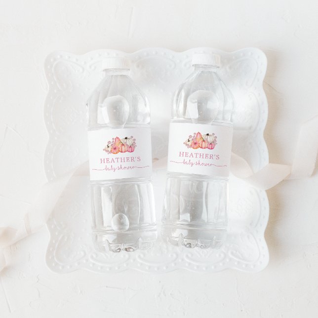 Sweet Little Pumpkin Pink Autumn Baby Shower Water Bottle Label (Creator Uploaded)