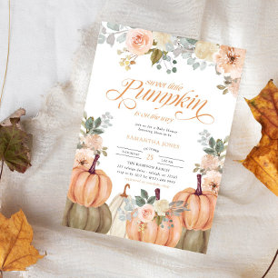 Sweet Little Pumpkin Pink Floral Fall Baby Shower Invitation