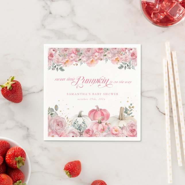 Sweet Little Pumpkin Pink Floral Fall Baby Shower Napkin (Insitu)