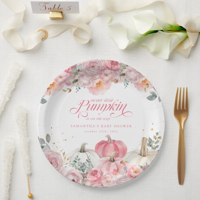 Sweet Little Pumpkin Pink Floral Fall Baby Shower Paper Plate (Wedding)