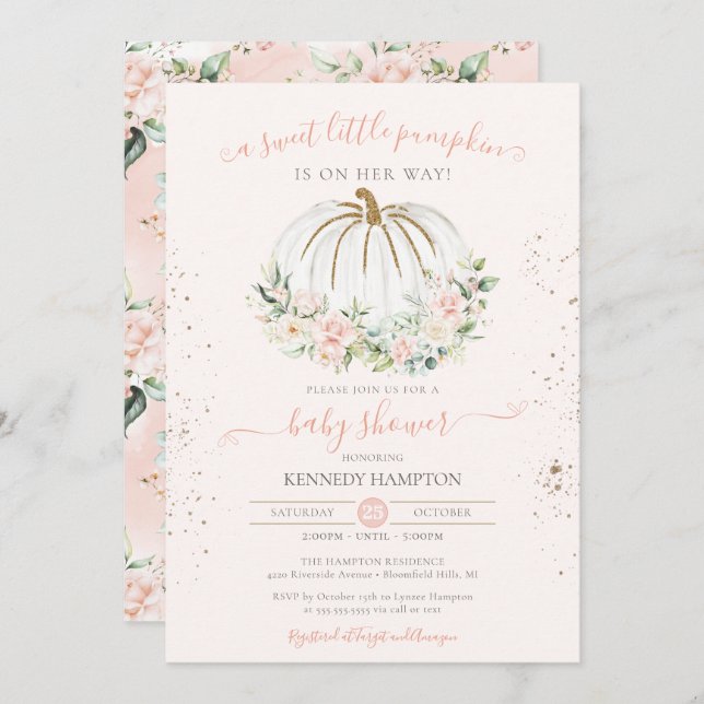 Sweet Little Pumpkin Soft Pink Autumn Baby Shower Invitation (Front/Back)
