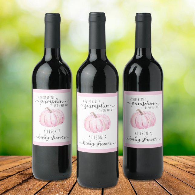 Sweet Little Pumpkin Watercolor Baby Girl Shower Wine Label (Creator Uploaded)