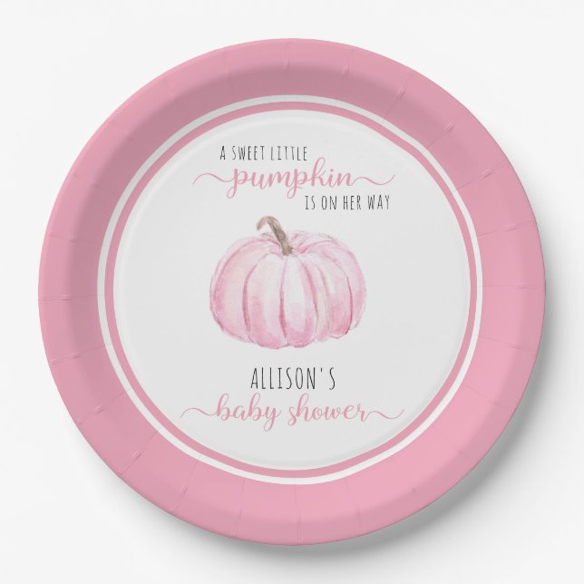 Sweet Little Pumpkin Watercolor Pink Baby Shower Paper Plate (Front)