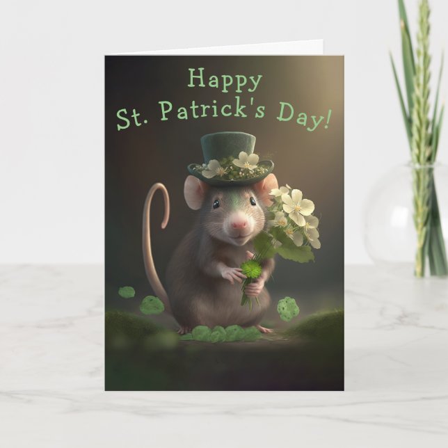 Sweet Little Rat with Flowers St. Patrick's Day Holiday Card (Front)