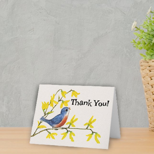 Sweet Little Red Blue Bird on Branch Flowers Thank You Card (Sweet red and blue bird on branch with bright yellow flowers on white Thank You card.)
