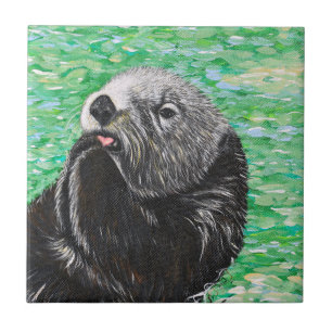 Sweet Little Sea Otter Painting Ceramic Tile