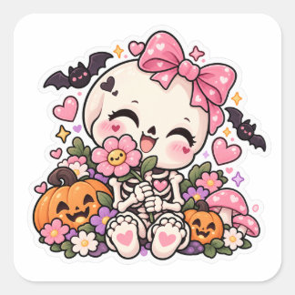 Sweet Little Skeleton Cute Pink Flower Halloween Square Sticker