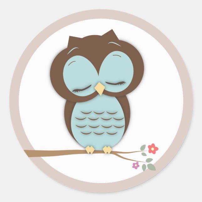 Sweet Little Sleepy Boy Owl on a Branch Classic Round Sticker (Front)