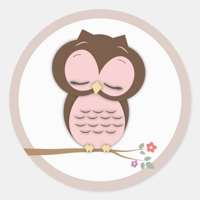 Sweet Little Sleepy Girl Owl on a Branch Classic Round Sticker (Front)